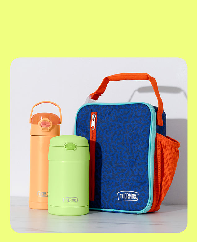 Thermos FUNtainer products and a blue and orange upright lunch box against a white background