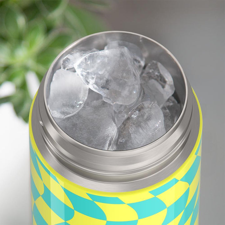 Thermos® 16oz FUNtainer® water bottle in Lightning Bolt Girl — shown filled with ice, demonstrating insulation