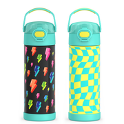 16oz FUNtainer® Water Bottles with Locking Lids Lightning Bolt & Wavy Checkers Teal Bundle thumbnail