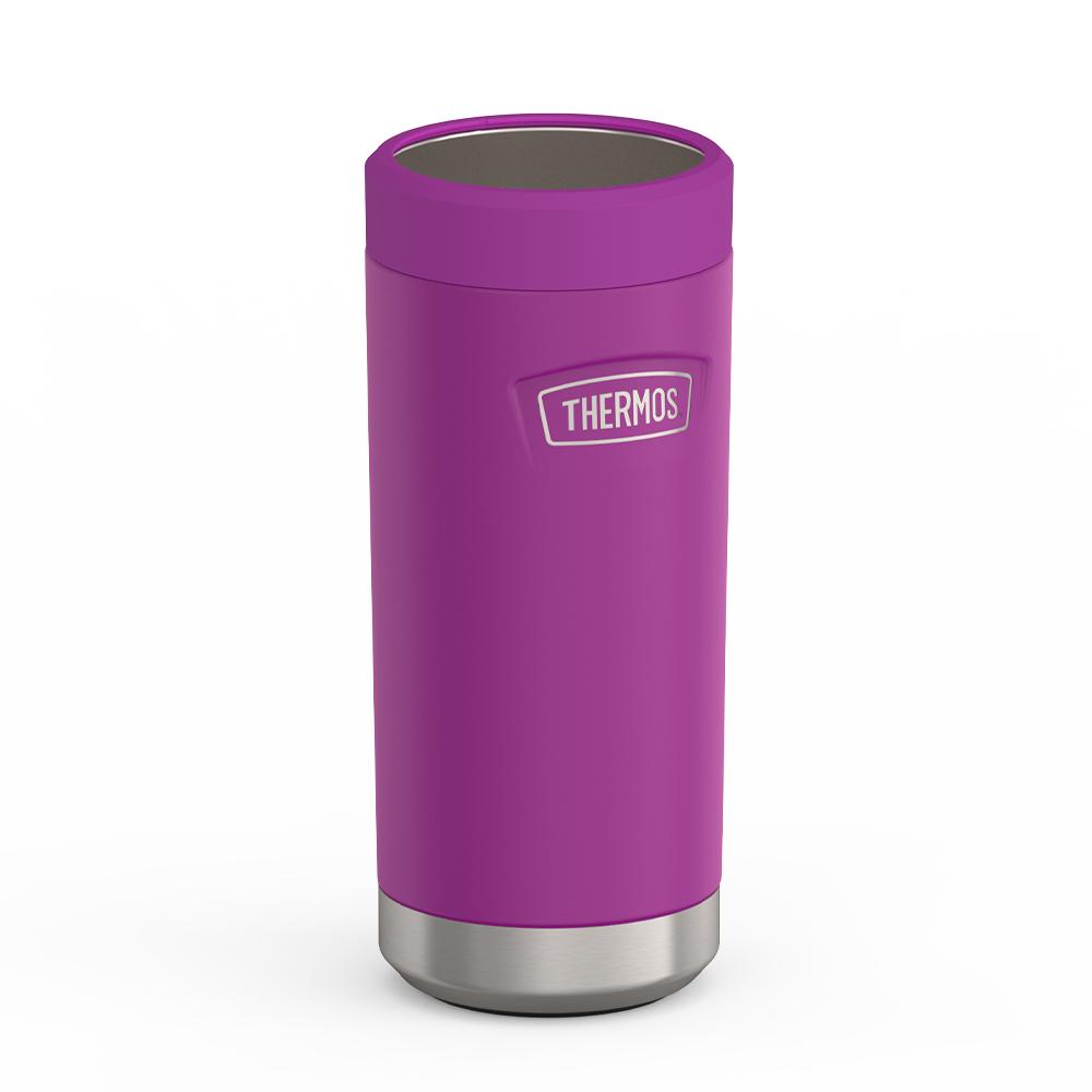 Thermos® 12oz Icon™ can insulator in Plum — angled view showing full profile