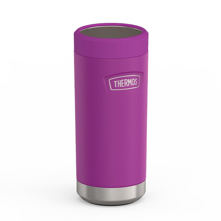 Thermos® 12oz Icon™ can insulator in Plum — angled view showing full profile