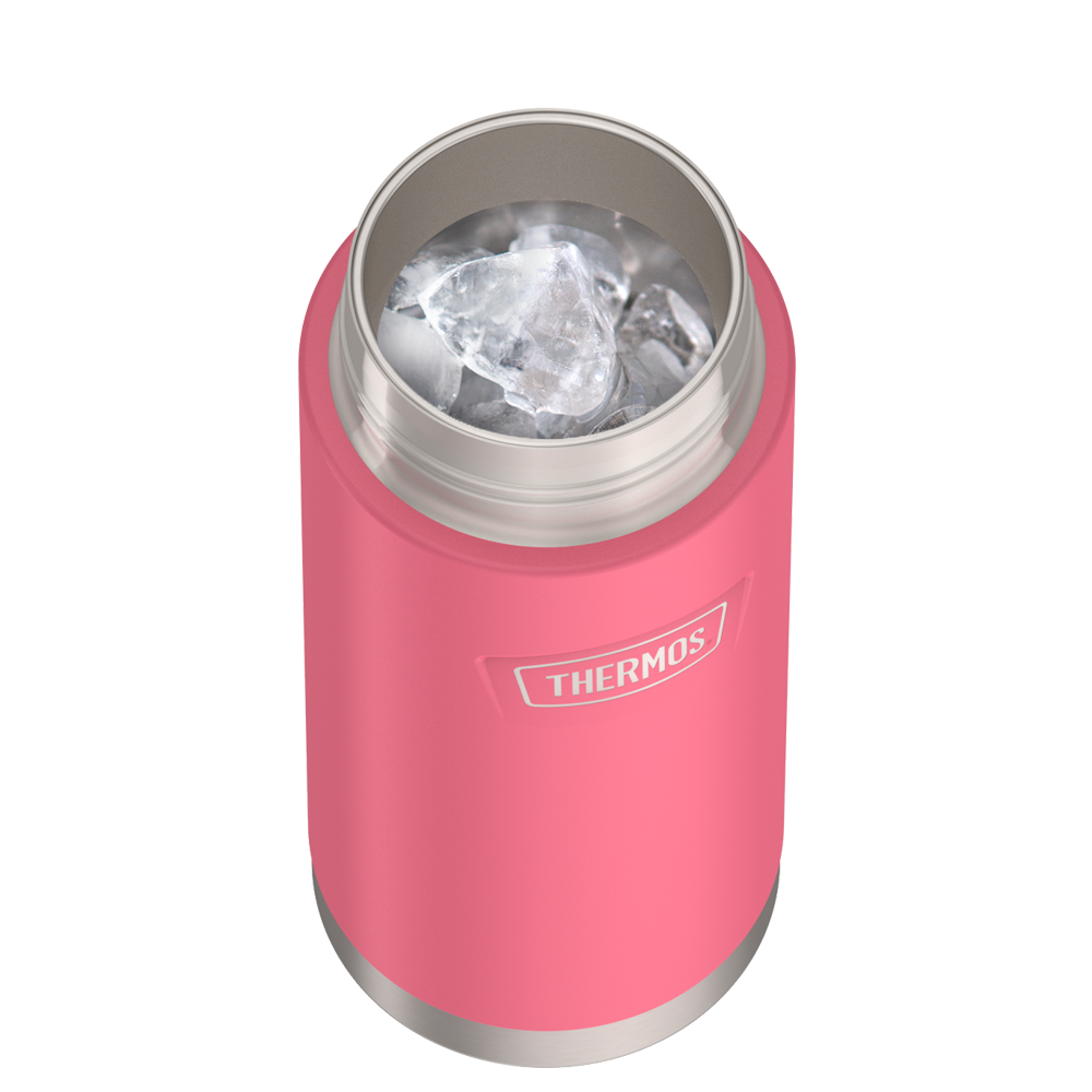 Thermos® 18oz Icon™ water bottle in Orange — shown filled with ice, demonstrating insulation