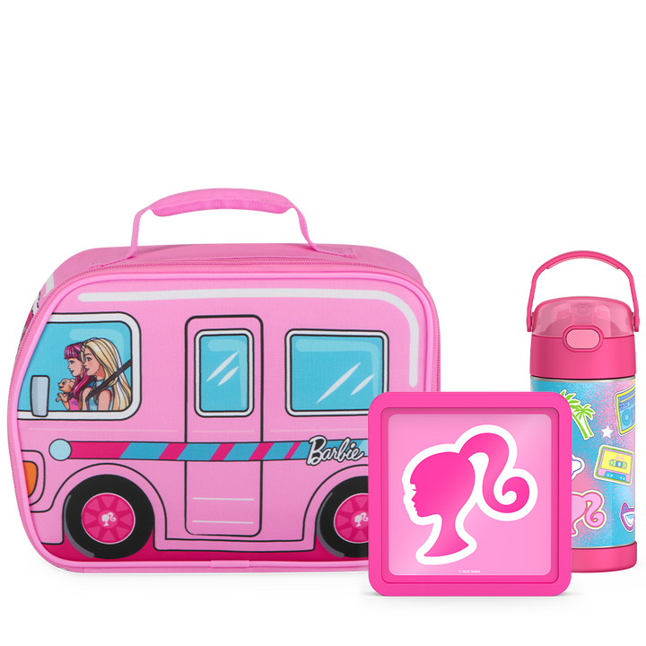 Barbie Bundle - Novelty Barbie Camper Lunch Box, 12oz. FUNtainer Water Bottle and Hard Ice