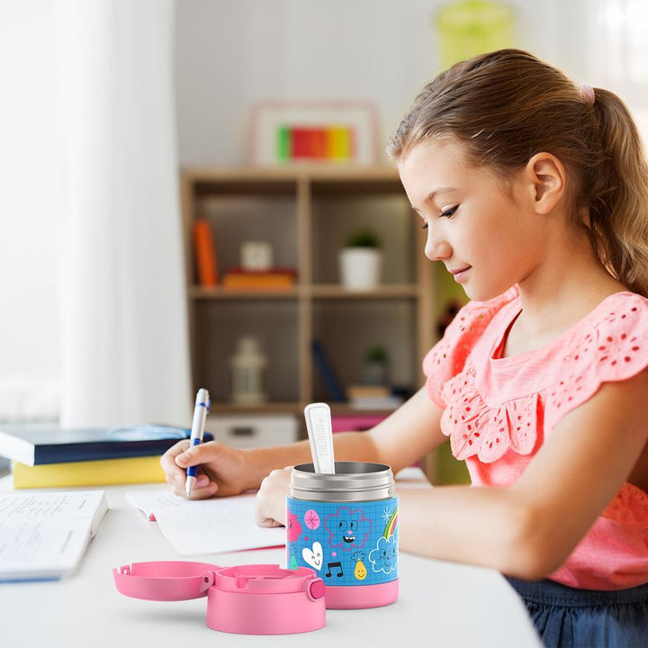 Thermos® 10oz FUNtainer® food jar in Rainbow Dreams — lifestyle photo in use