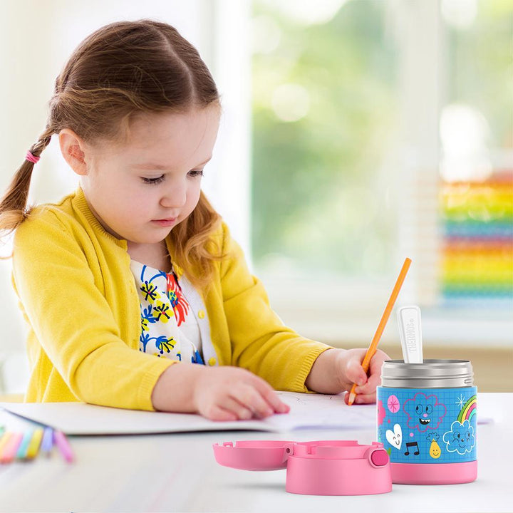 Thermos® 10oz FUNtainer® food jar in Rainbow Dreams — lifestyle photo in use