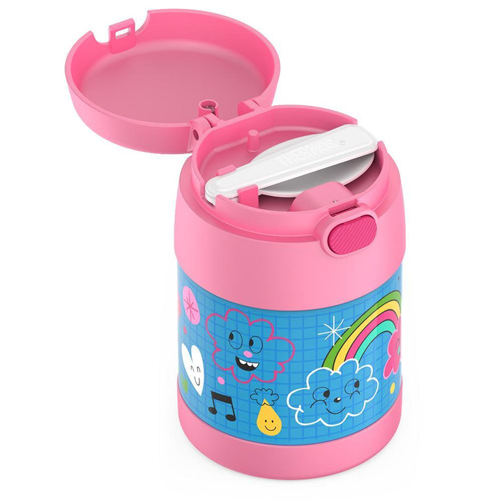 Thermos® 10oz FUNtainer® food jar in Rainbow Dreams — close-up of lid mechanism