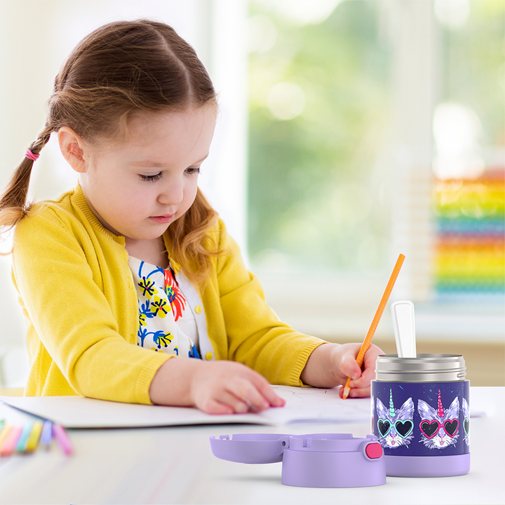 Thermos® 10oz FUNtainer® food jar in Rainbow Dreams — lifestyle photo in use