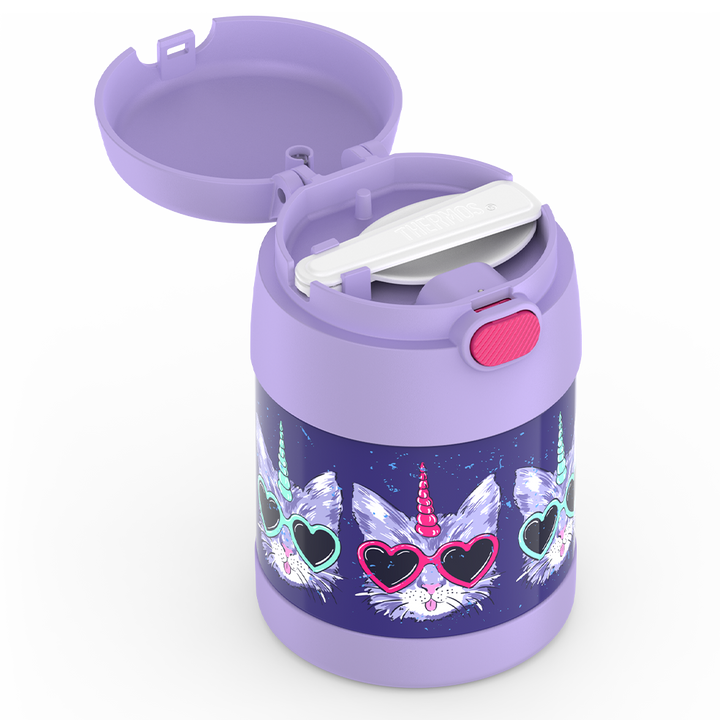 Thermos® 10oz FUNtainer® food jar in Rainbow Dreams — close-up of lid mechanism