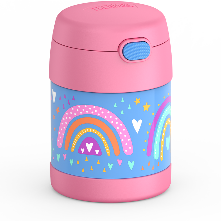 Thermos® 10oz FUNtainer® food jar in Rainbow Dreams — angled view showing full profile