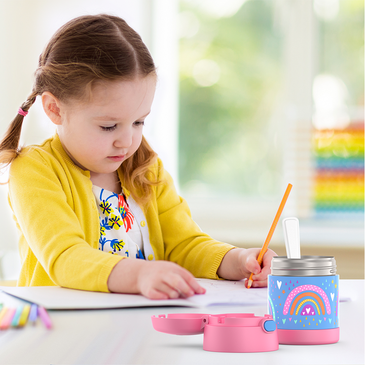 Thermos® 10oz FUNtainer® food jar in Rainbow Dreams — lifestyle photo in use
