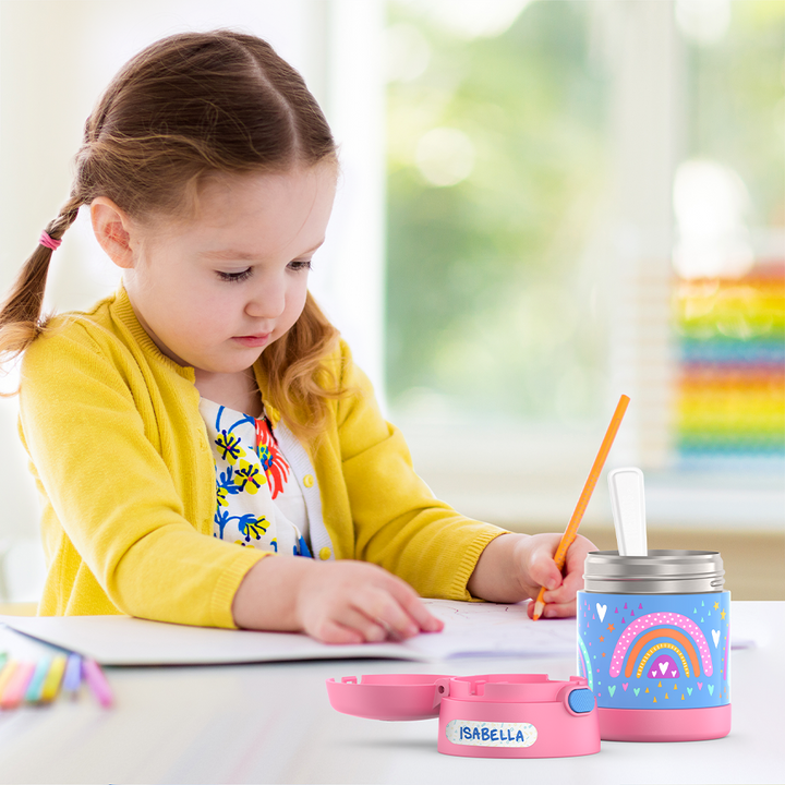 Thermos® 10oz FUNtainer® food jar in Rainbow Dreams — lifestyle photo in use