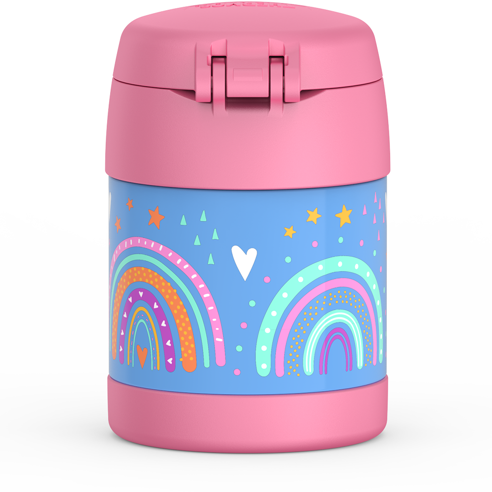 Thermos® 10oz FUNtainer® food jar in Rainbow Dreams — back view showing handle and base