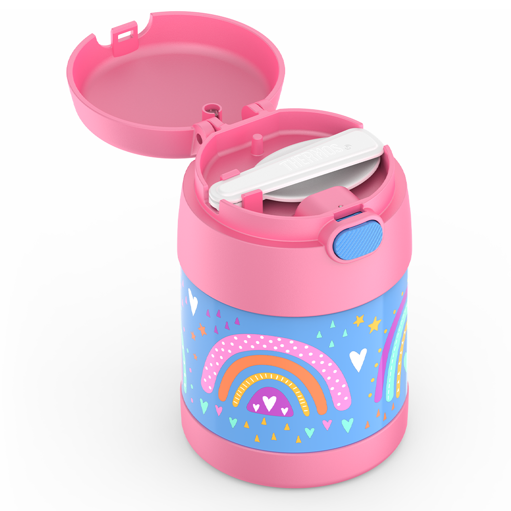 Thermos® 10oz FUNtainer® food jar in Rainbow Dreams — close-up of lid mechanism