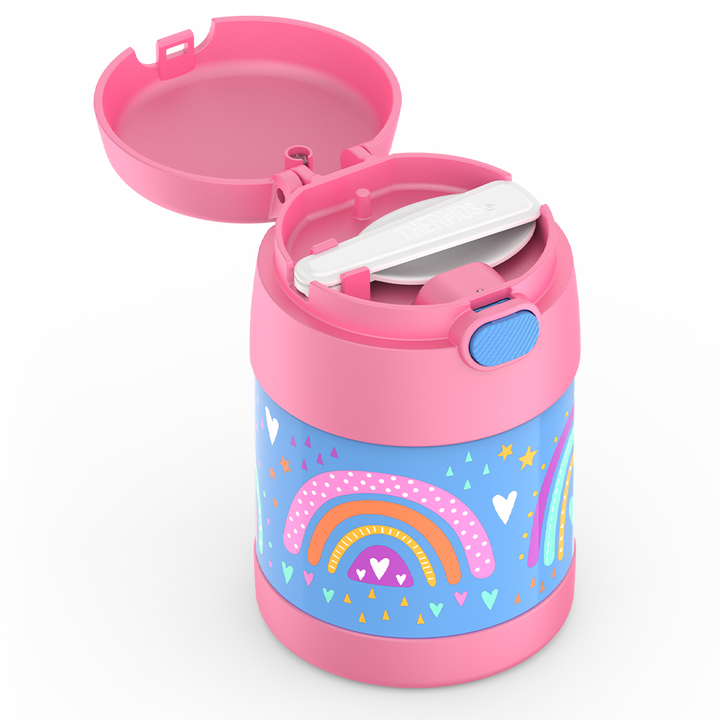 Thermos® 10oz FUNtainer® food jar in Rainbow Dreams — close-up of lid mechanism