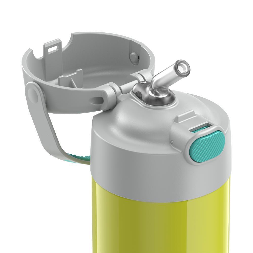 Thermos® 12oz FUNtainer® water bottle in Yellow/Green — close-up of push-button straw lid