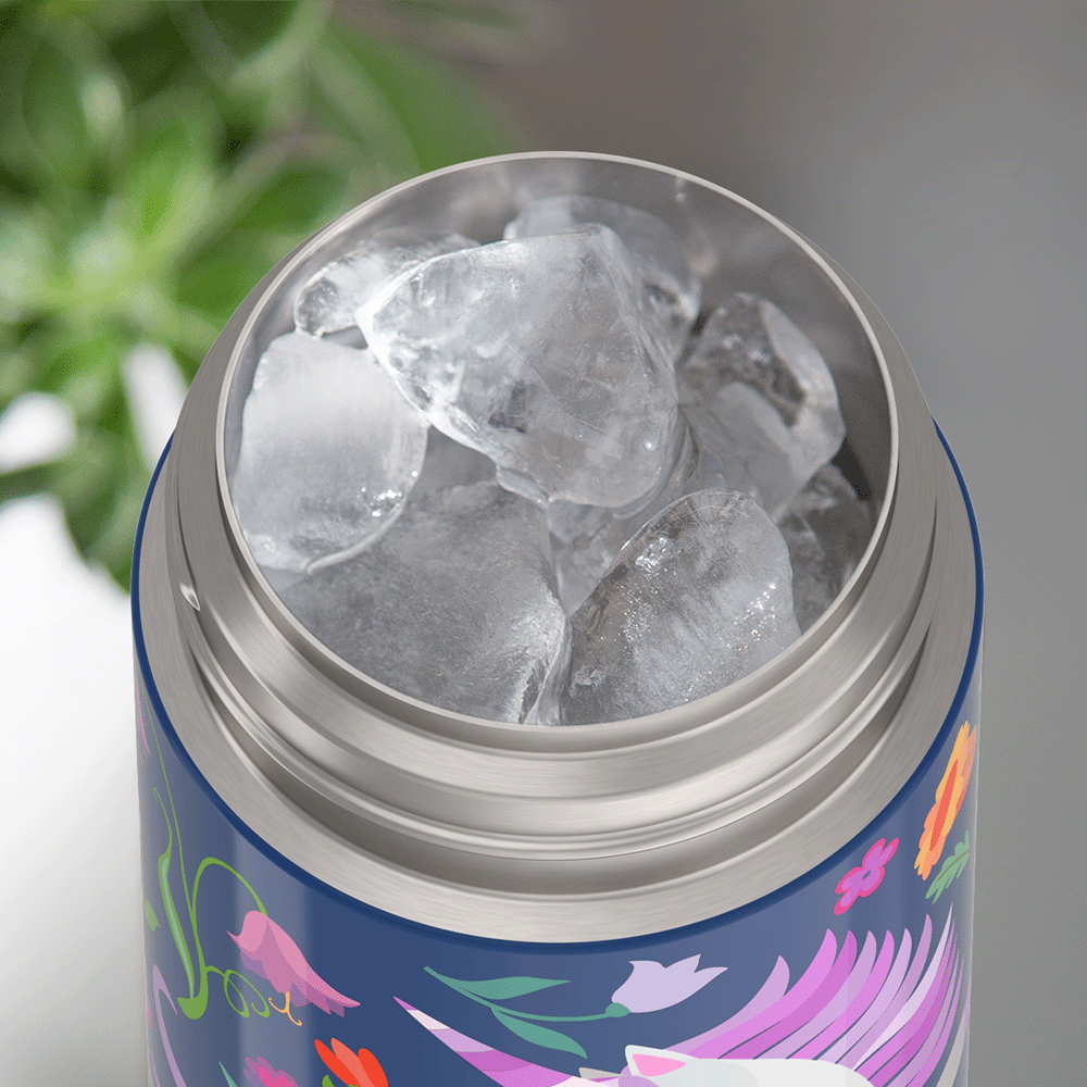 Thermos® 12oz FUNtainer® water bottle in Jungle Kingdom — shown filled with ice, demonstrating insulation