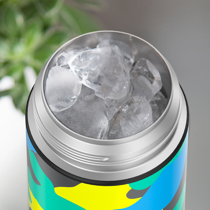 Thermos® 12oz FUNtainer® water bottle in Jungle Kingdom — shown filled with ice, demonstrating insulation