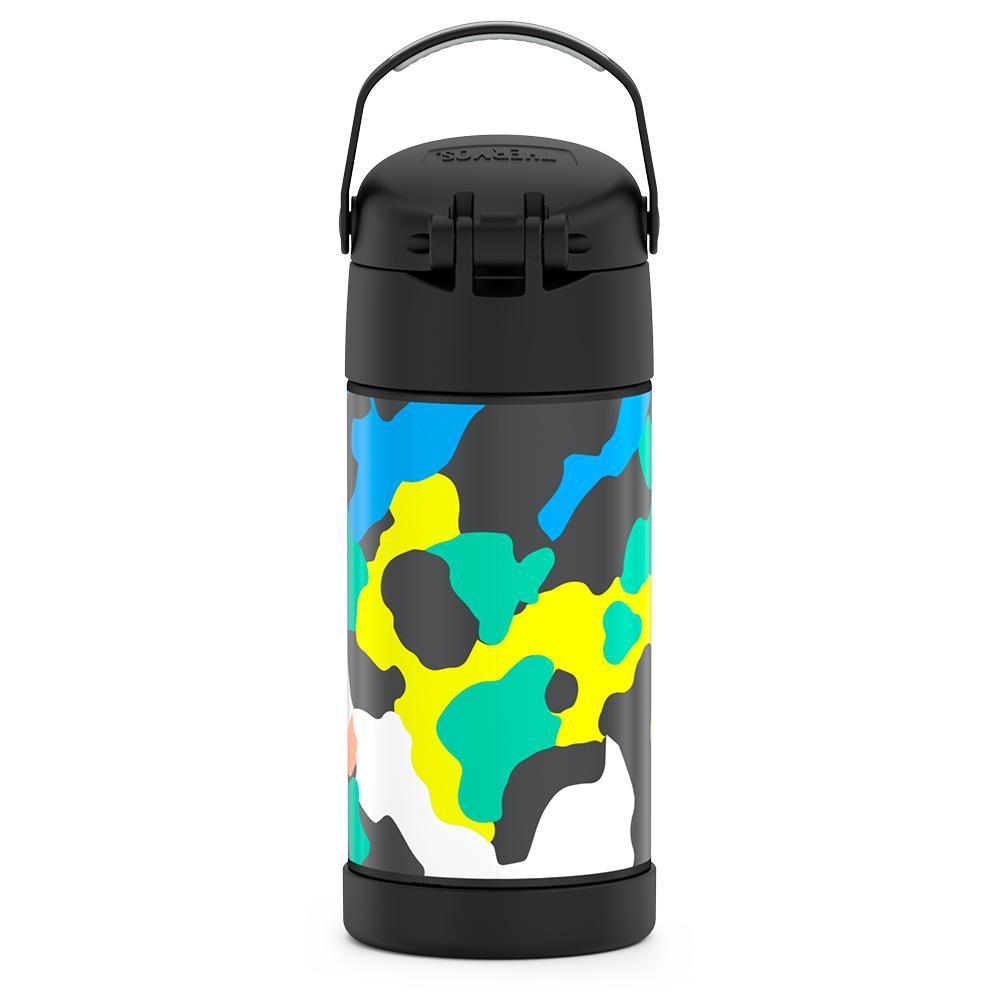 Thermos® 12oz FUNtainer® water bottle in Jungle Kingdom — back view showing handle and base