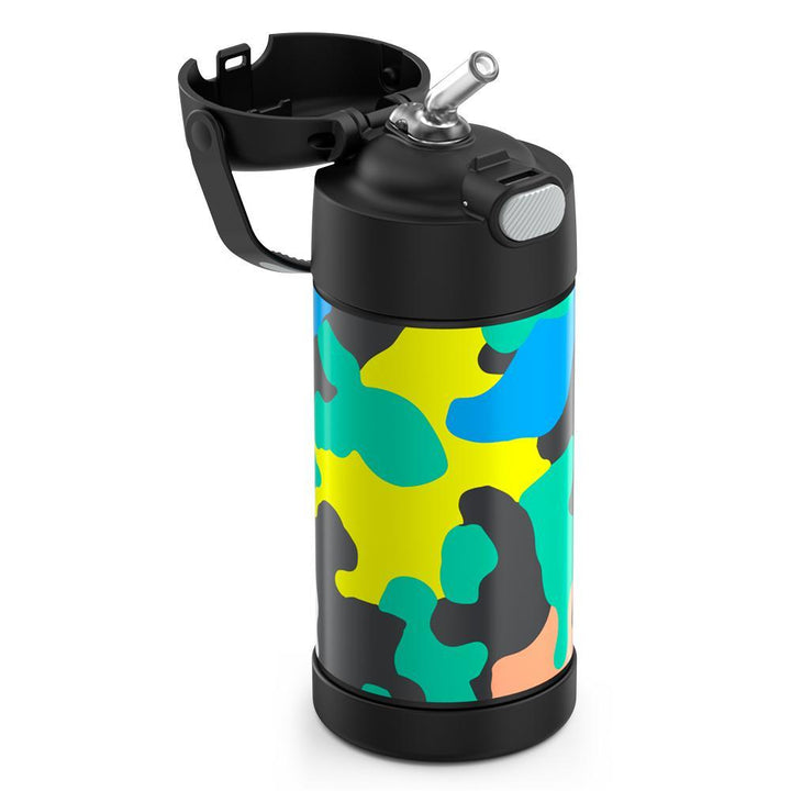 Thermos® 12oz FUNtainer® water bottle in Jungle Kingdom — close-up of push-button straw lid