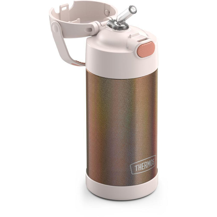 Thermos® 12oz FUNtainer® water bottle in Pink Glitter — close-up of push-button straw lid