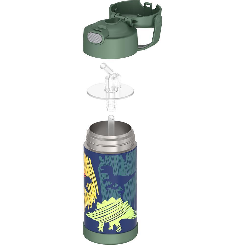 Thermos® 12oz FUNtainer® water bottle in Jungle Kingdom — showing lid and bottle components