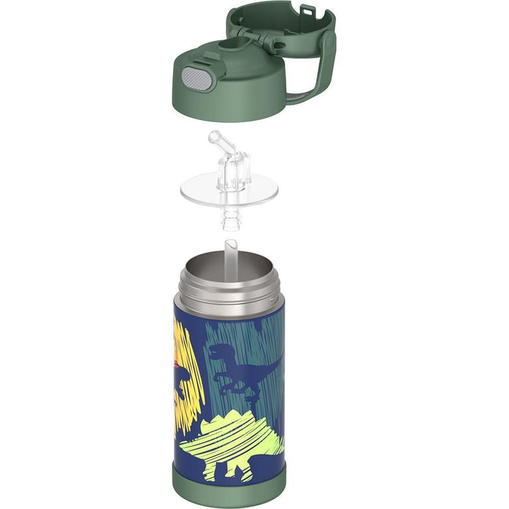 Thermos® 12oz FUNtainer® water bottle in Jungle Kingdom — showing lid and bottle components