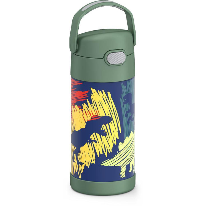 Thermos® 12oz FUNtainer® water bottle in Jungle Kingdom — angled view showing full profile