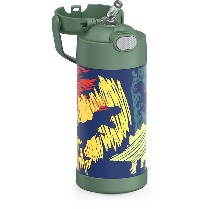 Thermos® 12oz FUNtainer® water bottle in Jungle Kingdom — close-up of push-button straw lid