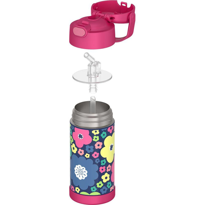 Thermos® 12oz FUNtainer® water bottle in Jungle Kingdom — showing lid and bottle components