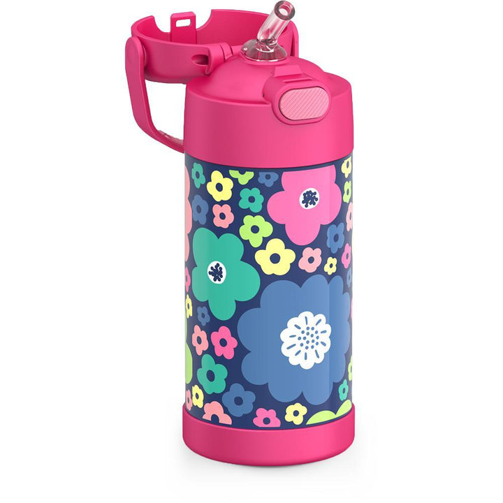 Thermos® 12oz FUNtainer® water bottle in Jungle Kingdom — close-up of push-button straw lid