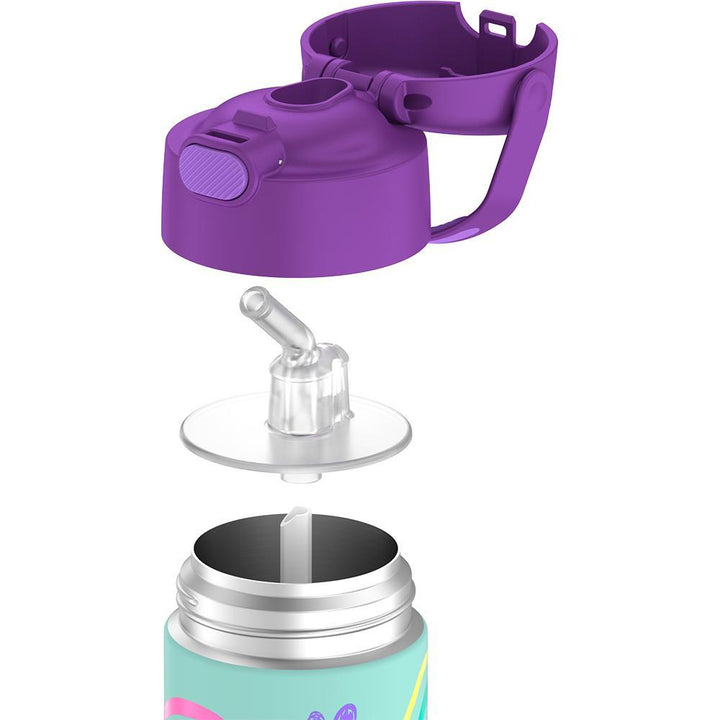 Thermos® 12oz FUNtainer® water bottle in Jungle Kingdom — showing lid and bottle components
