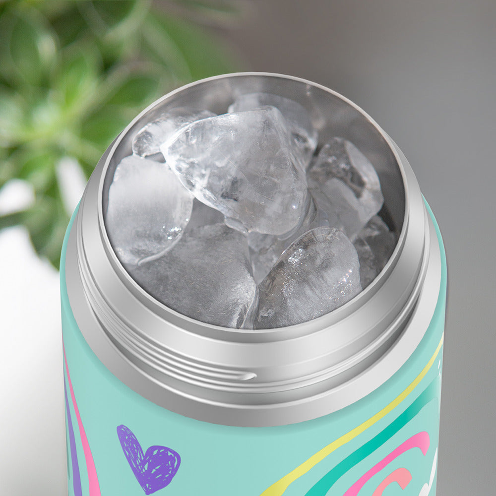 Thermos® 12oz FUNtainer® water bottle in Jungle Kingdom — shown filled with ice, demonstrating insulation