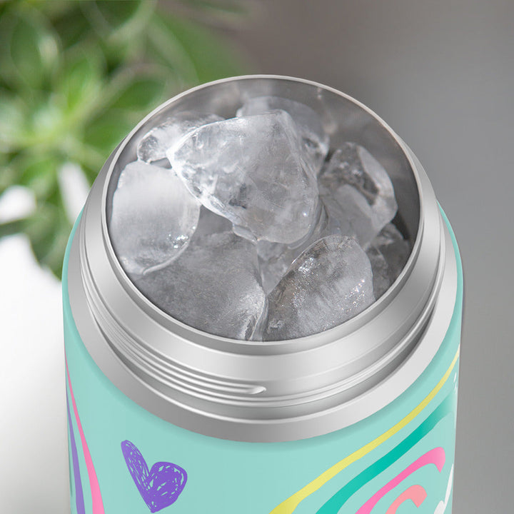 Thermos® 12oz FUNtainer® water bottle in Jungle Kingdom — shown filled with ice, demonstrating insulation