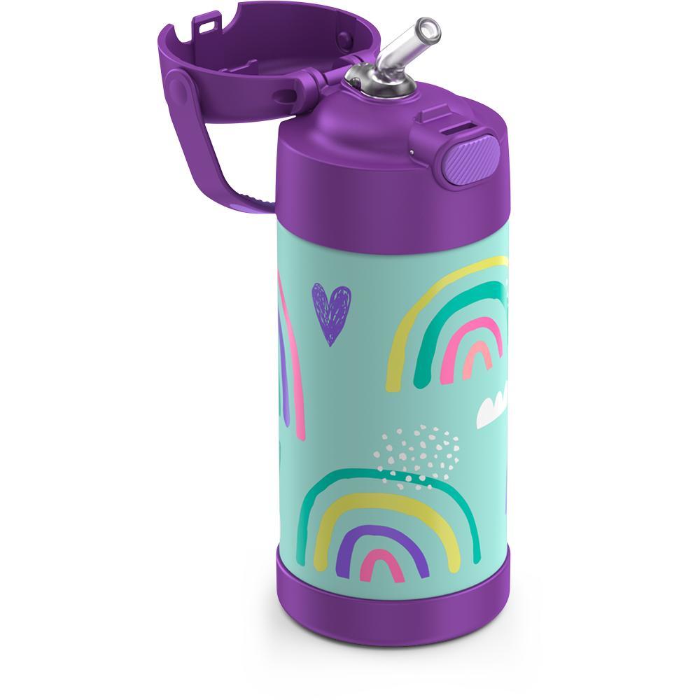 Thermos® 12oz FUNtainer® water bottle in Jungle Kingdom — close-up of push-button straw lid