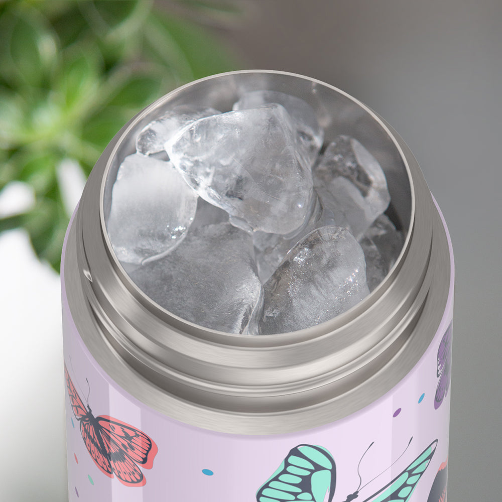 Thermos® 12oz FUNtainer® water bottle in Jungle Kingdom — shown filled with ice, demonstrating insulation