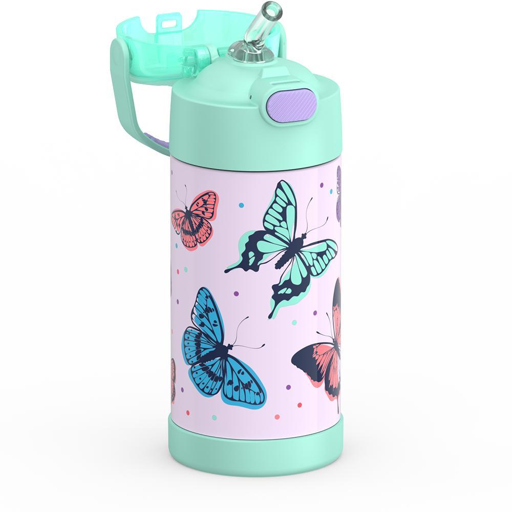 Thermos® 12oz FUNtainer® water bottle in Jungle Kingdom — close-up of push-button straw lid