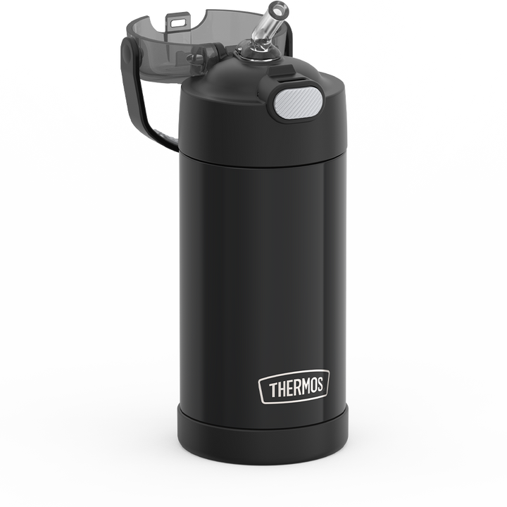 Thermos® 12oz FUNtainer® water bottle in Yellow/Green — close-up of push-button straw lid