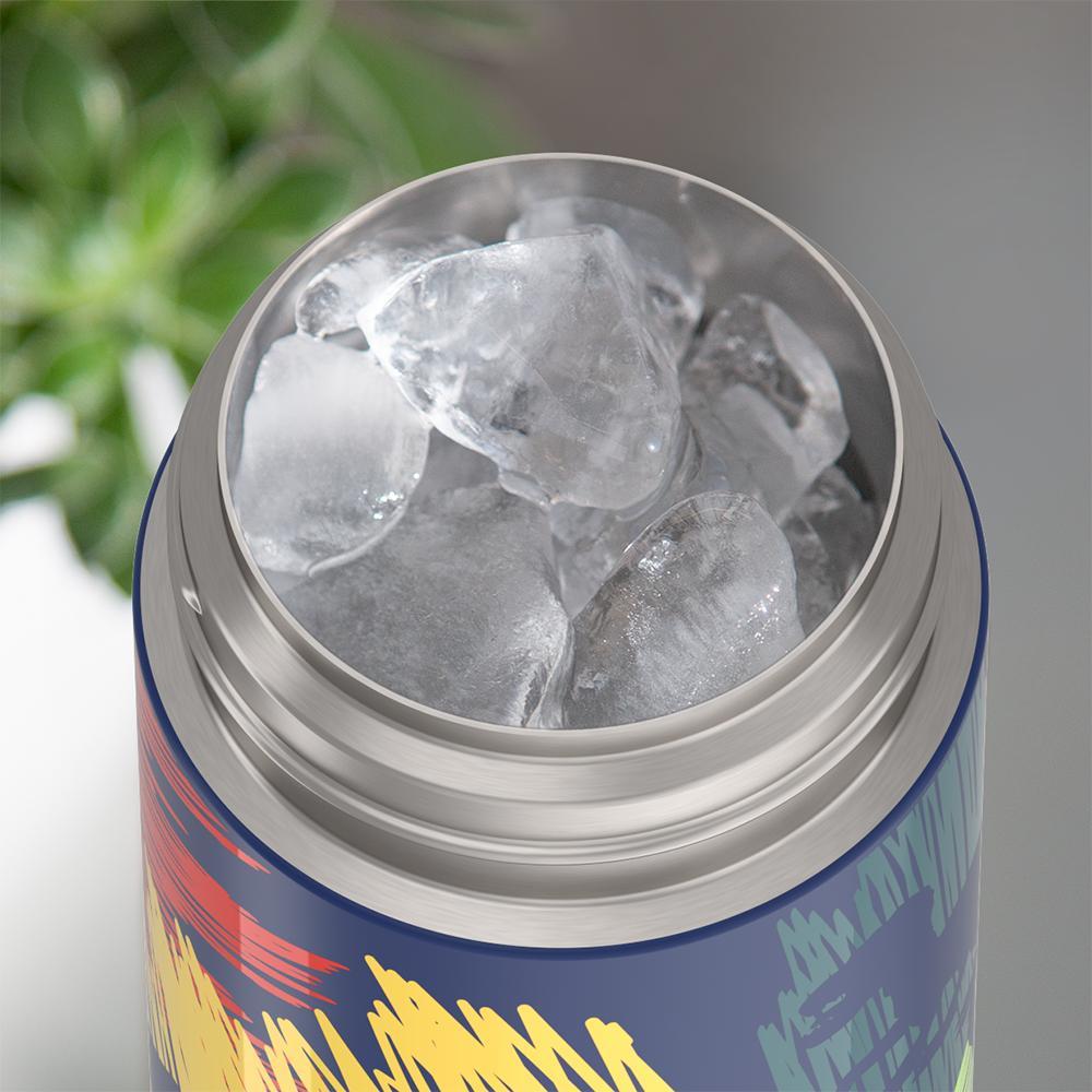 Thermos® 12oz FUNtainer® water bottle in Jungle Kingdom — shown filled with ice, demonstrating insulation