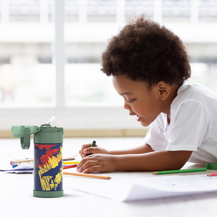 Thermos® 12oz FUNtainer® water bottle in Jungle Kingdom — lifestyle photo in use