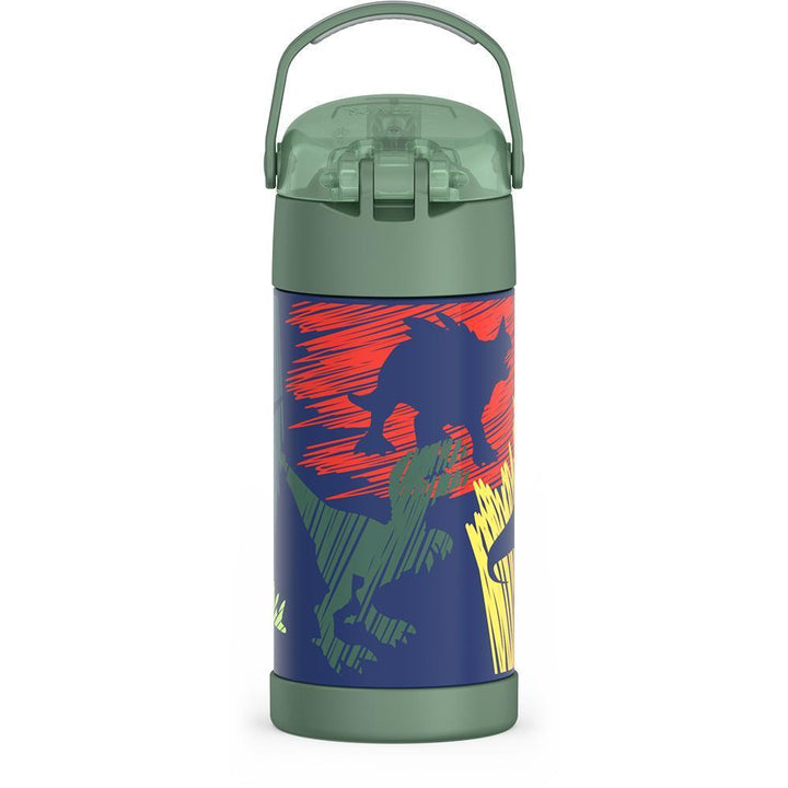 Thermos® 12oz FUNtainer® water bottle in Jungle Kingdom — back view showing handle and base