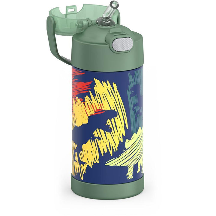 Thermos® 12oz FUNtainer® water bottle in Jungle Kingdom — close-up of push-button straw lid