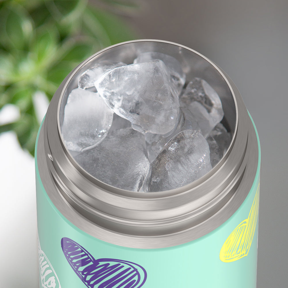 Thermos® 12oz FUNtainer® water bottle in Jungle Kingdom — shown filled with ice, demonstrating insulation