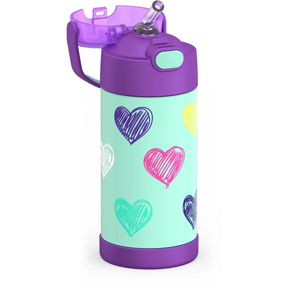 Thermos® 12oz FUNtainer® water bottle in Jungle Kingdom — close-up of push-button straw lid