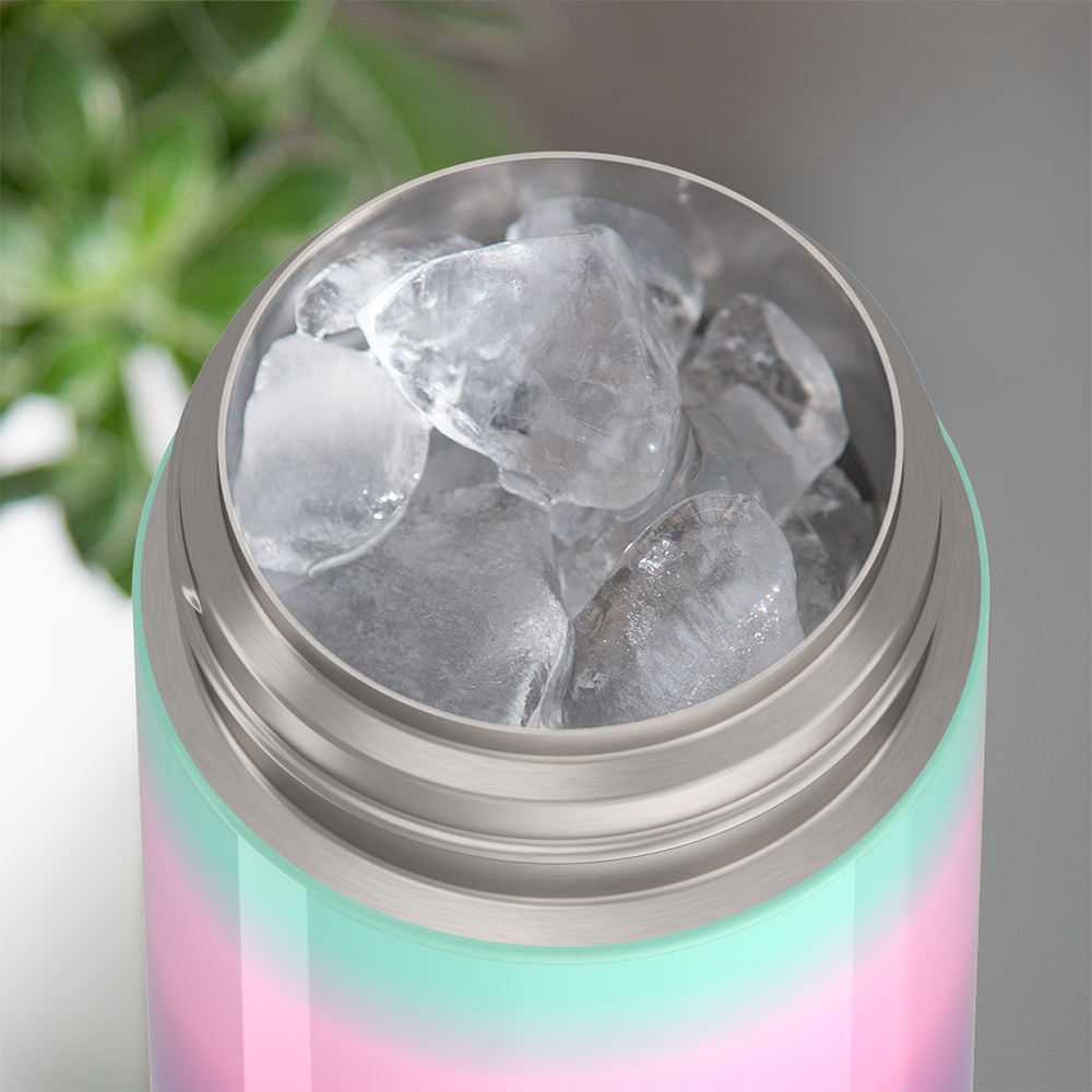 Thermos® 12oz FUNtainer® water bottle in Jungle Kingdom — shown filled with ice, demonstrating insulation