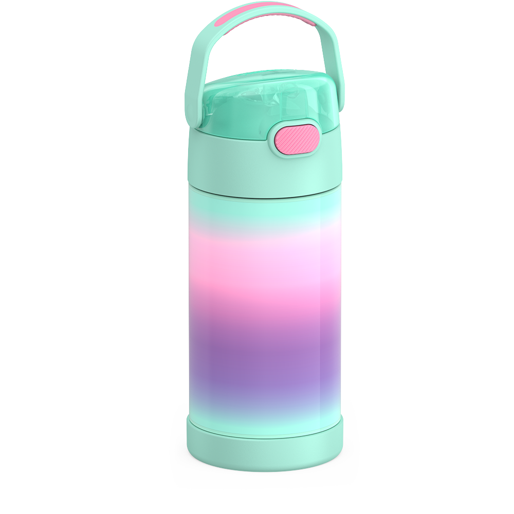 Thermos® 12oz FUNtainer® water bottle in Jungle Kingdom — angled view showing full profile