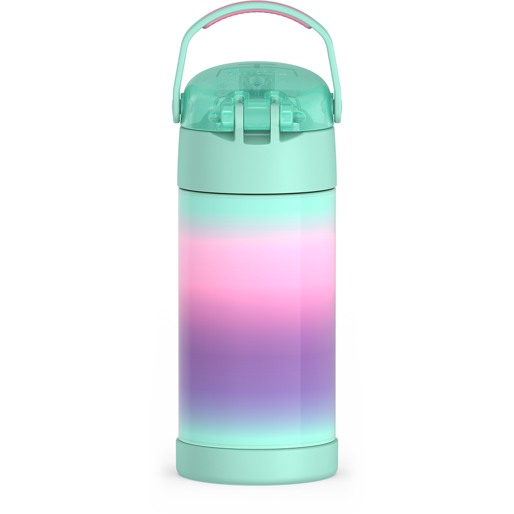 Thermos® 12oz FUNtainer® water bottle in Jungle Kingdom — back view showing handle and base