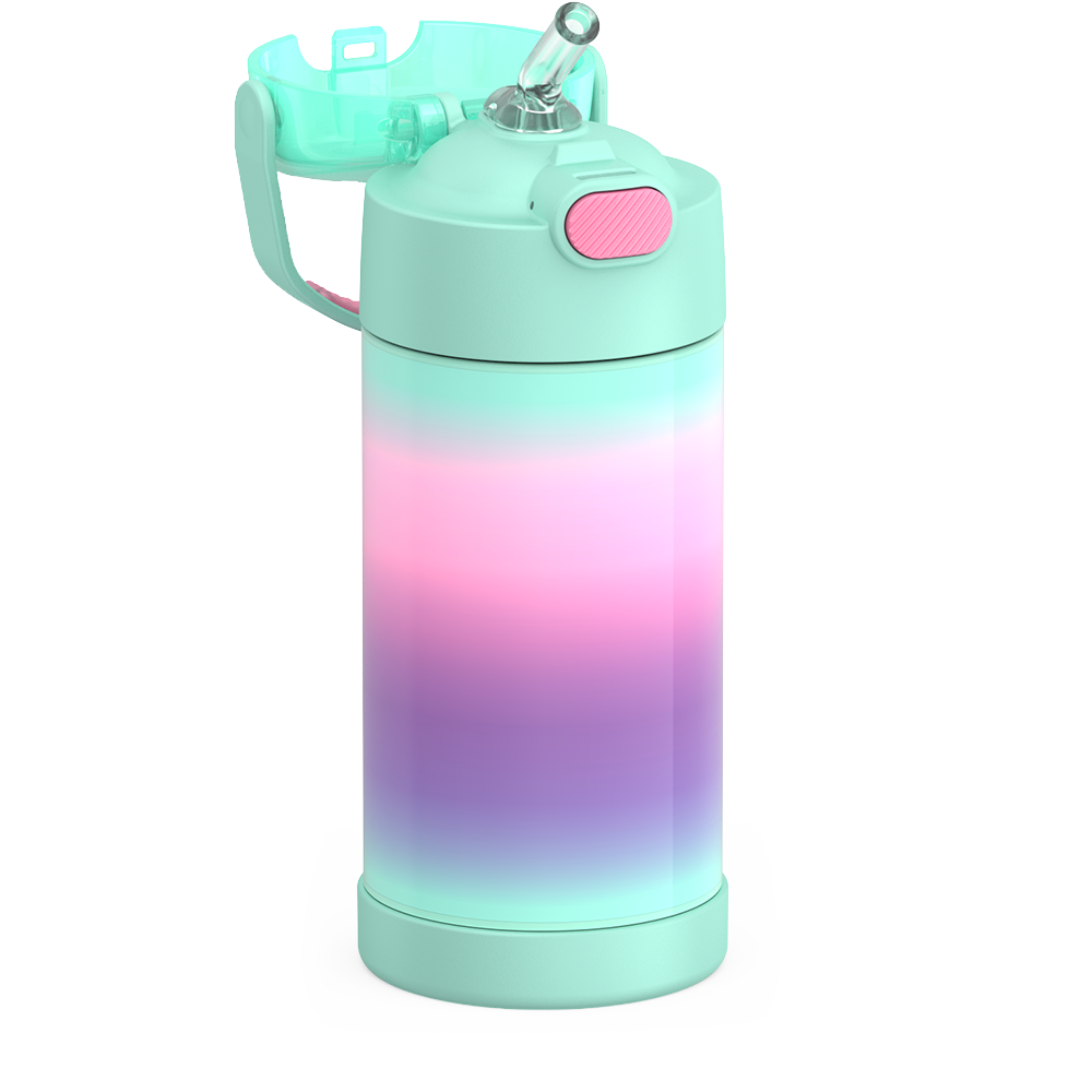 Thermos® 12oz FUNtainer® water bottle in Jungle Kingdom — close-up of push-button straw lid
