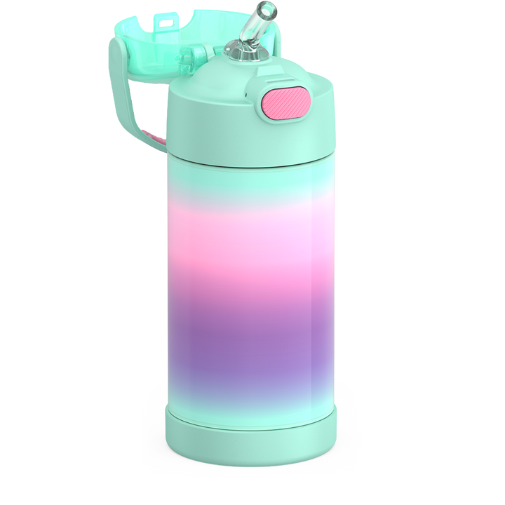 Thermos® 12oz FUNtainer® water bottle in Jungle Kingdom — close-up of push-button straw lid