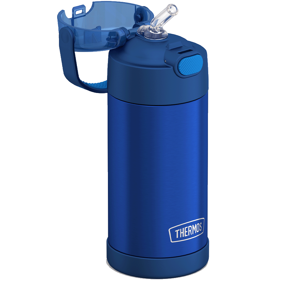 Thermos® 12oz FUNtainer® water bottle in Yellow/Green — close-up of push-button straw lid
