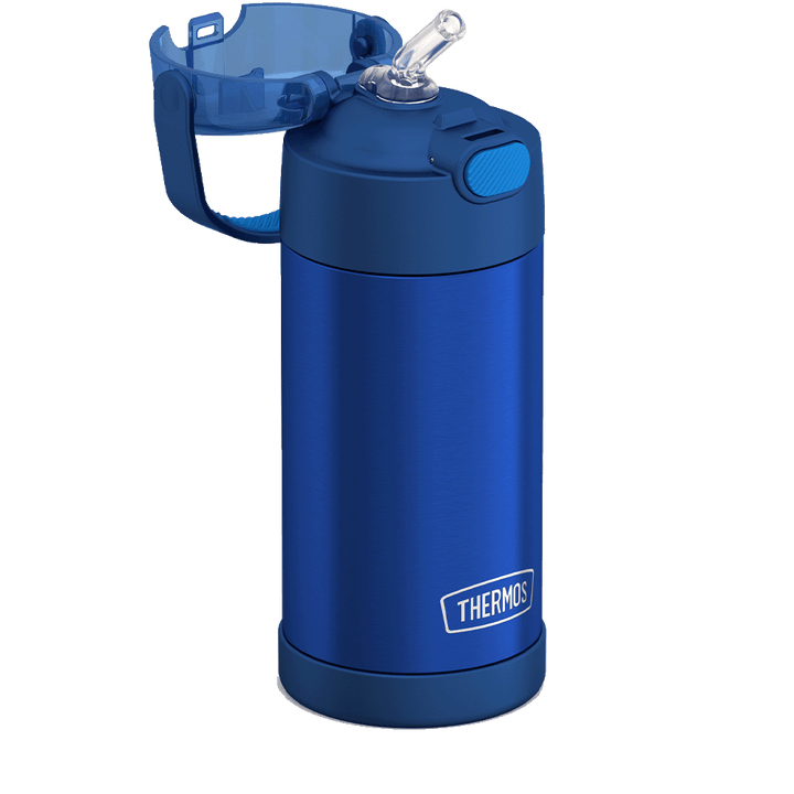 Thermos® 12oz FUNtainer® water bottle in Yellow/Green — close-up of push-button straw lid